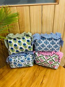 Soft cotton cosmetic organizer with decorative frill zipper <b>makeup</b> <b>case</b> travel quilted pouch beauty essentials holder For Gifts - Product Image 3