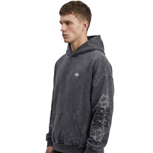 Sudadera con capucha vintage para hombre, de algodón y forro polar, con estampado gráfico en la manga, estilo urbano, jersey negro, fabricación a granel - Product Image 2