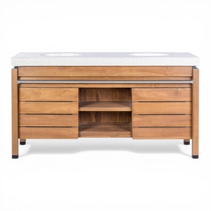 Meuble-lavabo double moderne en teck massif avec comptoir en terrazzo, style meuble-lavabo sur pied pour hôtel de luxe - Product Image 5