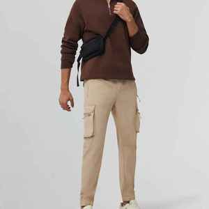 Pantalon de survêtement cargo beige pour homme, taille élastique avec cordon de serrage, plusieurs poches, décontracté, pour l'automne, en coton mi-lourd - Product Image 3