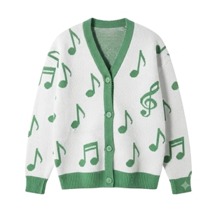 Cardigan tricoté à motif de notes de musique pour femme, col en V, manches longues, haut décontracté, épaisseur standard, manches complètes, longueur normale - Product Image 4