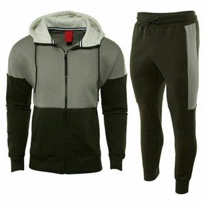 Ensemble de survêtement à capuche pour homme avec blocs de couleur, sweat-shirt et pantalon à fermeture éclair intégrale, tenue décontractée d'automne en polyester et coton respirant - Product Image 1