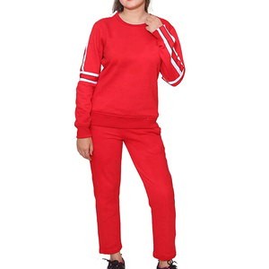 Ensemble de survêtement rouge pour femme, manches longues, col rond, couleur unie, décontracté, pour l'automne, pantalon en coton respirant avec poches latérales - Product Image 1