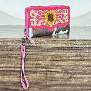 Premium Hand <b>Tooled</b> Cowhide <b>Leather</b> Wallet with Sunflower <b>Tooled</b> Design Zip Around Wristlet for Women Durable Clutch for Women's - Product Image 4