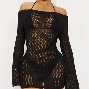 New Arrival Vintage Off Shoulder Autumn Casual Women Mini <b>Dress</b> Ribbed Knit Breathable Solid Long Sleeve Bodycon Mini <b>Dress</b> - Product Image 1