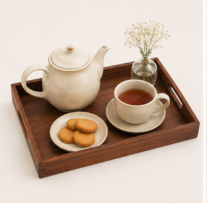 Ensemble de 2 plateaux de service rectangulaires en noyer de luxe, faits à la main, avec poignées, pour la maison, l'hôtel et les cadeaux - Product Image 3