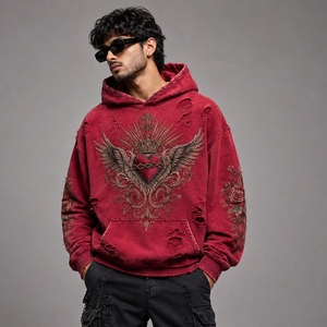 Premium Soft Cotton Casual <b>Pullover</b> Vintage Distressed Appearance <b>Men</b> Distressed Embroidery Hoodies With Detailed Embroidery - Product Image 1