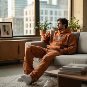 Conjunto de Sudadera con Capucha y Pantalones Deportivos con Estampado Digital de Diamantes de Imitación Personalizados, Estilo Vintage, Lavado Ácido, para Hombre, Color Naranja - Product Image 6