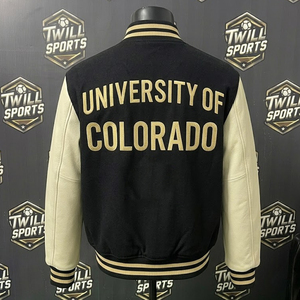 Chaqueta Universitaria de la Universidad de Colorado para Hombre, Negra y Crema, Mangas de Cuero, Bordada, Estilo Bomber, Informal para Otoño - Product Image 2