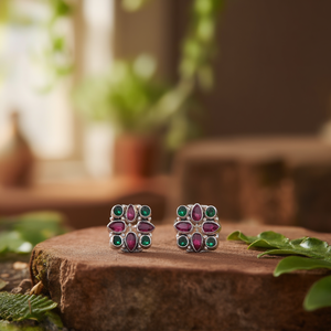 IndianMores 92.5 Sterling Silver <b>Emerald</b> Cut Cubic Zirconia Prong <b>Stud</b> Earrings for Women Girls - Product Image 3
