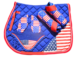 All-purpose USA Flag Saddle Pad or Numah Matching Set Medicine Boots Pair with Ear net <b>Bonnets</b> USA Saddle Pad - Product Image 1