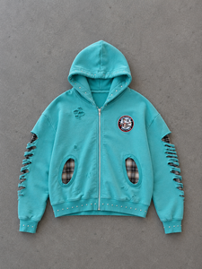 Sudadera con capucha para hombre de invierno, de algodón polar grueso, con efecto desgastado y roturas, lavado vintage, oversize, estilo streetwear, con detalles de alfileres de seguridad - Product Image 4