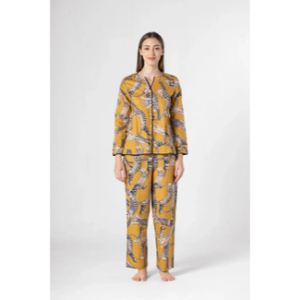 Ensemble de robes de nuit en coton à imprimé animal jaune pour femmes, prix de gros disponible - Product Image 1
