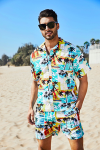 Ensemble chemise à manches courtes imprimée florale pour homme, style hawaïen décontracté d'été, col rabattu, tenue respirante en polyester tissé - Product Image 5