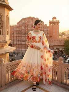 <b>women</b> floral georgette floor length gown with pant and digital printed taby silk dupatta <b>vintage</b> woven denim look ethnic <b>dress</b> - Product Image 2