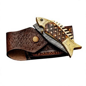 Custom Handmade Damascus <b>Fish</b> Pocket <b>Knife</b> Damascus Folding <b>Knife</b> Camel Bone , Brass Pin & Brass Pommel Handle - Engraved Brass - Product Image 6