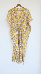 Women's Yellow Floral Hand Block Print V-Neck White <b>Kaftan</b> Long Dress Loose Fit Cotton Bohemian <b>Summer</b> Dress - Product Image 6