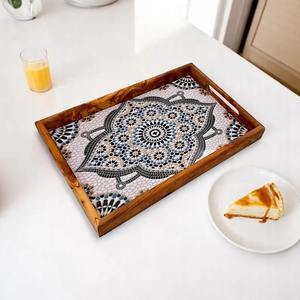 Plateau de service en bois sur mesure avec impression, grand plateau rustique pour la décoration de la maison et de la cuisine, provenance Inde - Product Image 1