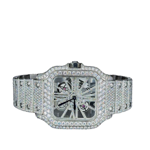 Montre-bracelet de luxe vintage à cadran squelette glacé, lunette en cristal, acier inoxydable, quartz, moissanite, bracelet argenté, analogique, transparente - Product Image 1