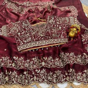 Elegante Saree de Trabajo de Doble Tono en Color Mango, en Seda Espacial con Bordado Zari y Blusa Cosida para Ocasiones Especiales y Celebraciones - Product Image 6