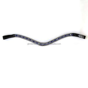 Hermosa banda de cejas de caballo de charol negro hecha a mano decorada con tres filas de cristales azules redondos banda de cejas de cadena de metal - Product Image 1