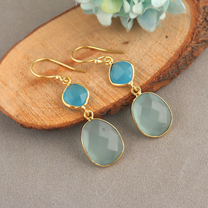 Aqua blue chalcedony briolette dangling <b>earrings</b> handmade bezel set dual stone <b>hook</b> <b>earrings</b> elegant gold plated crystal jewelry - Product Image 5