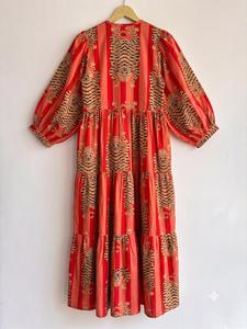 Floral <b>Print</b> 100% Cotton Formal <b>Indian</b> Digital Printed Maxi <b>Dress</b> With Puff Sleeves Tiered Boho Loose Fit Summer Casual O-Neck - Product Image 2