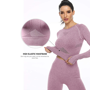 Ensemble de yoga sans couture pour femme, 2 pièces, tenue de sport, haut court à col rond, leggings taille haute, rose uni, vêtements de sport respirants - Product Image 4
