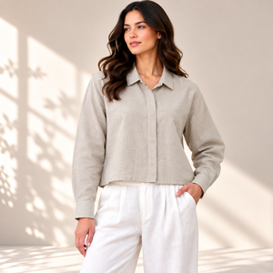 Women's 100% <b>Linen</b> Crop <b>Shirt</b> Long Sleeve Collar Button Front Casual <b>Summer</b> Wholesale Manufacturer Solid Plain - Product Image 3