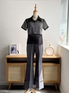 Regular Women's Two Piece Short-Sleeve Shirt Flared Pants Set VANTA Office Lady Spandex / Polyester Full Length <b>Patchwork</b> - Product Image 5