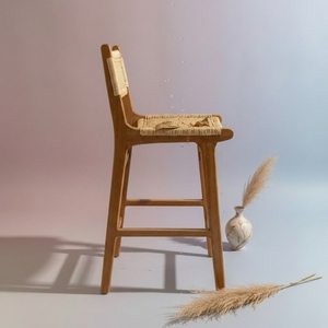 Solid Wood <b>Bar</b> <b>Stool</b> Hand Woven Rush Seat <b>High</b> Dining Chair With Backrest For Counter Kitchen Island Cafe Restaurant Furniture - Product Image 4