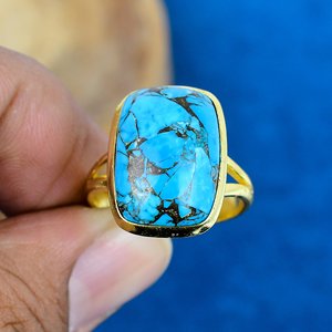 Handmade Blue Copper <b>Turquoise</b> Cushion Gemstone <b>Ring</b> 18k Gold Micron Over 925 Sterling Silver <b>Ring</b> - Product Image 2