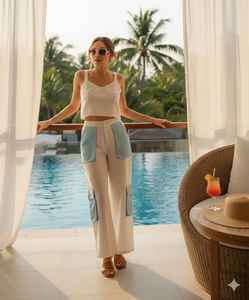 Pantalones Cargo blancos de pierna ancha de cintura alta para mujer con bolsillos utilitarios azul claro y detalles de paneles - Product Image 3