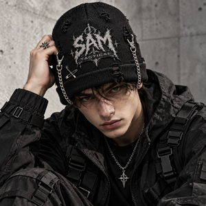 SAM TACTICAL Black Beanie <b>Hat</b> With Chains Punk Style 3D Embroidery <b>Winter</b> Cap <b>For</b> <b>Men</b> Casual Wear 56-58CM Cheap price OEM - Product Image 1