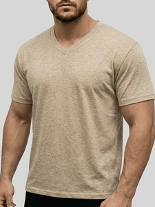 Men's V-Neck Short Sleeve Solid Knitted Casual Breathable T-Shirt Regular Fit Beige 100% Cotton Knitted Jersey Fabric 180g - Product Image 3