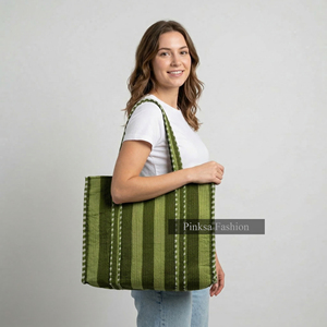 Bolso Tote Abierto Acolchado con Rayas Verdes PinksaFashion, Gran Capacidad, para Laptop, Compras de Verano - Product Image 6