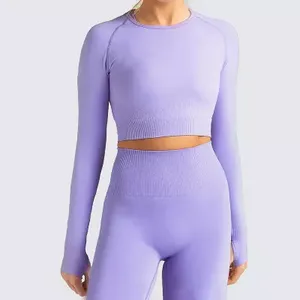 Ensembles de sport personnalisés pour femmes - Tenues de yoga et de fitness 2 pièces sans couture, couleur unie, grandes tailles, avec logo frontal, leggings de yoga - Product Image 4