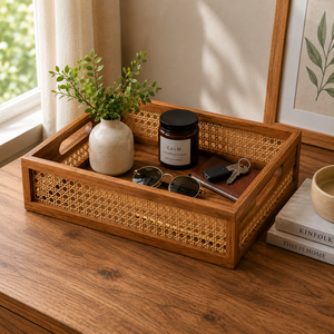 Handmade Wooden <b>Basket</b> with Bamboo Weave <b>Storage</b> Organizer Decorative Multipurpose <b>Basket</b> Tray - Product Image 6