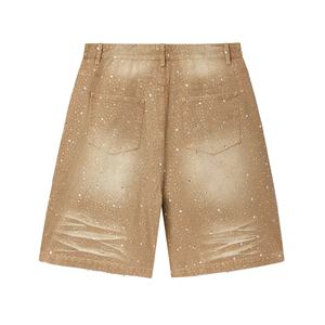 Shorts en jean pour homme, taille mi-haute, respirants, style streetwear, délavage vintage personnalisé, avec strass, pour l'été, par un fabricant de denim - Product Image 2