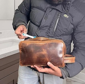 Neceser de Cuero Genuino para Hombre, Bolsa de Aseo para Viaje, Kit de Afeitado, Organizador de Artículos de Baño, Bolsa de Cosméticos de Cuero para Mujer - Product Image 2