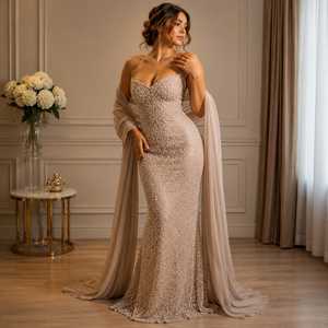 <b>Pearl</b> Embellished Mermaid Floor-Length Beaded Satin Evening Gown Draped Cape Shoulder Formal Prom <b>Dress</b> Elegant Red Carpet Party - Product Image 5