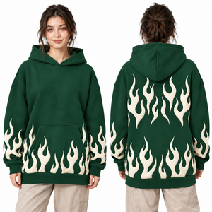 Sudadera con Capucha Oversize para Mujer, Blanca y Negra, con Estampado de Llamas, de Algodón Tejido, Corte Regular, Estilo Casual de Otoño - Product Image 6