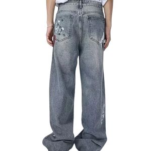 <b>Men's</b> Grey Washed Baggy <b>Jeans</b> with Abstract Paint Splatter Print Distressed <b>Wide</b> <b>Leg</b> Denim Pants Vintage Streetwear Fashion - Product Image 6
