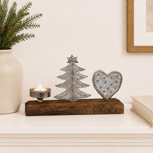 Handcrafted Metal Christmas <b>Tree</b> And Embossed Heart Tea <b>Light</b> Holder Solid Mango Wood Base Modern Rustic Holiday Table Centertop - Product Image 4