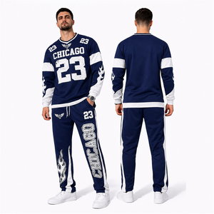 Ensemble de survêtement sportif personnalisé 2026 pour homme, bleu marine, imprimé Chicago, sweat-shirt et pantalon de jogging, tenue décontractée streetwear athlétique deux pièces - Product Image 1