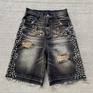 Denim Shorts Vintage Zipper 100% Cotton <b>Black</b> Denim Raw <b>Edge</b> Hem Crystal-embellished Denim Shorts - Product Image 3