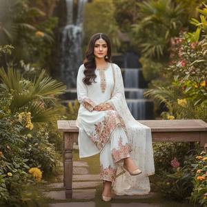Traje Palazzo de Georgette Sintética al por Mayor con Bordado Intenso y Perlas, Ropa Étnica de Diseñador para Bodas y Festivales - Product Image 1