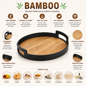 Round Bamboo Serving Tray with Handles| Premium Decorative Wooden Tray for Tea Coffee Snacks Home Hotel Restaurant <b>Table</b> Serving - Product Image 5