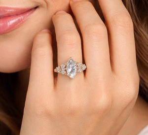 แหวนหมั้นเพชรทรงมาร์คีส์เพาะเลี้ยงในทองคำ 14K ดีไซน์ธรรมชาติ แหวนเจ้าสาวทรงมาร์คีส์ เครื่องประดับงานแต่งงาน - Product Image 2