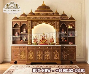 Traditional Hand-Carved Wooden Pooja <b>Mandir</b> for Home Ethnic Temple Style Dark Walnut Finish Jali Work Pooja Cabinet with Dome UK - Product Image 6